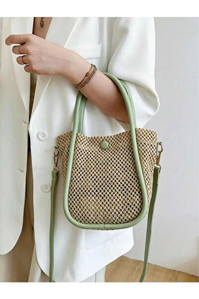 Katusa Kadın Mint Yeşili Yavrulu File Örgülü Deri Sap Ve Düğme Detaylı El Ve Omuz Çantası