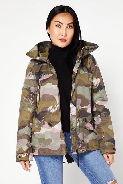 Aigle Women Camouflage Hooded Softshell Jacket, Olive Combo