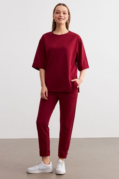 MODAGEN Women's Burgundy Crew Neck Double Sleeve and Leg Bottom Top Set