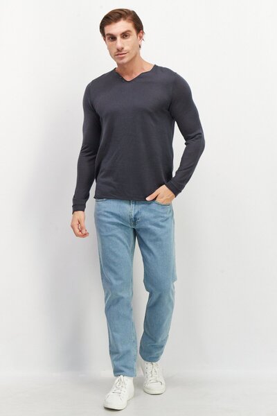 CELIO Men V Neck Long Sleeve Plain Sweatshirts, Slate Grey