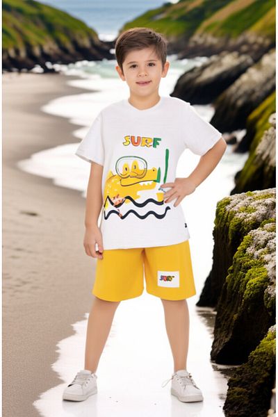 CiciTime Çocuk Modası Boy's Glasses Dino Printed Cotton Casual Shorts Suit