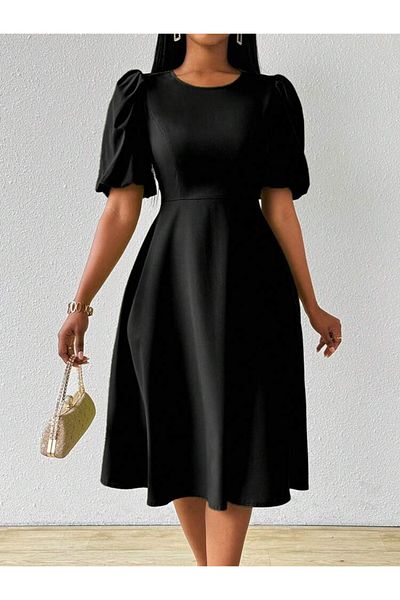 Moda Asmira Women's Short Balloon Sleeve Crew Neck Kiloş Janjan Crepe Dress