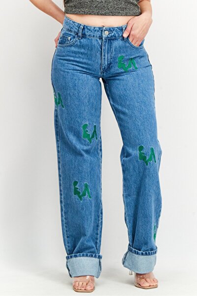 Don't Call Me Jennyfer بنطلون جينز نسائي غير قابل للتمدد ومطرز بقصّة عادية، أ...