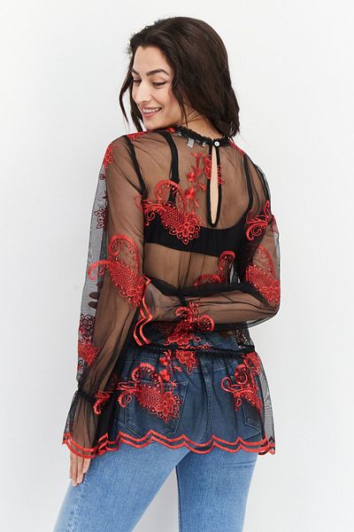 FEVER Women Keyhole Embroidered Short Sleeves Top, Red Combo
