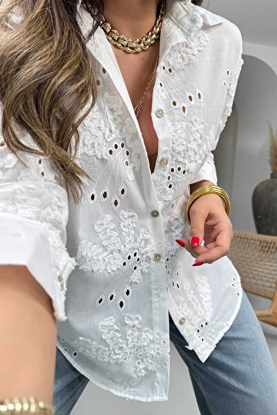 Sohotique By P Embroidered Embossed Scallop Shirt, Ecru Color