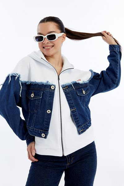 CHOS7N Women's Oversize Combed Cotton and Denim Garnished Jacket Zippered College Coat Printed Daily Use Denim Jacket