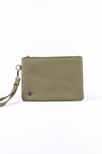 dellel Khakifarbene Fußgänger-Clutch, bedrucktes veganes Leder, zwei Fächer, stilvolle und kompakte Handtasche