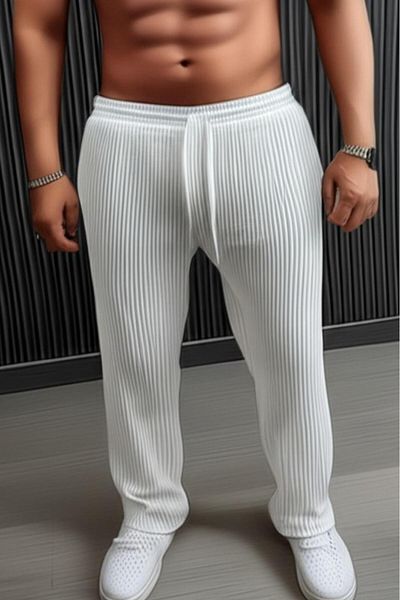 NO 601 Men's Ecru Striped Comfortable Stretch Fabric Wide Leg Trousers Tracksuit
