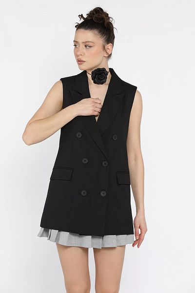 GÜLSELİ Black Women's Double Breasted Collar Lined Vest