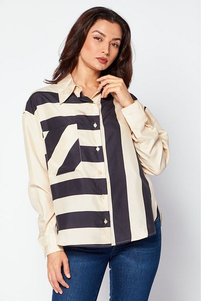 Stella McCartney Womens Point Collar Stripe Print Silk Shirt, Black