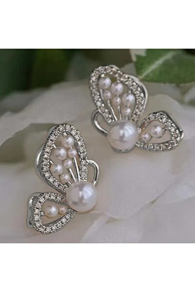 toptanhanem Gümüş Renkli İnci Süslemeli Kelebek Küpe | Şık ve Modern Antialer...