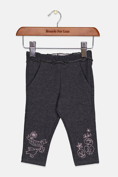 IKKS Toddlers Girl Embroidered Pull On Pants, Charcoal