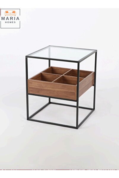 MARIA HOMES Modern Walnut & Black Frame Coffee Table with Glass Top 40x40x55 CM