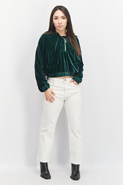 Steve Madden Women Hooded Neck Velvet Sweatshirt, Green