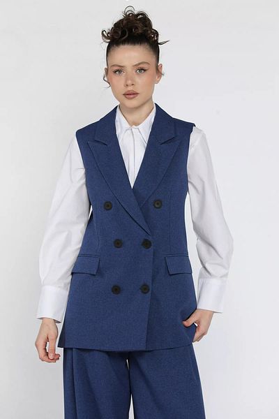 GÜLSELİ Navy Blue Women's Double Breasted Collar Lined Vest