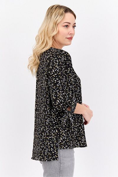 CECE Women Round Neck Puff Sleeves Allover Print Blouse, Black