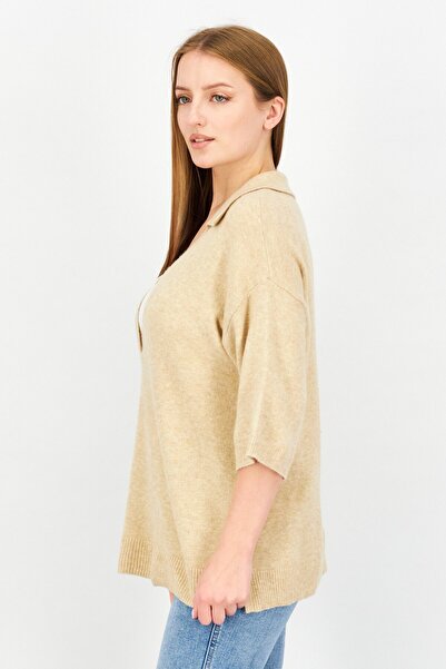 Esprit Women Spread Neck Short Sleeve Knitted Sweater, Tan