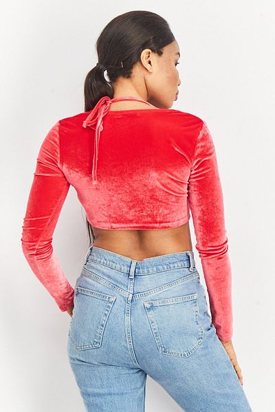 NA-KD Women Halter Neck Long Sleeve Velvet Top, Red