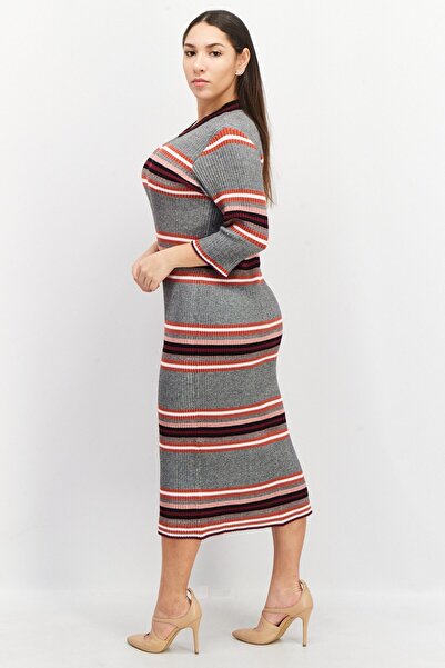 French Connection Women Textured 3/4 Sleeve Knitted Midi Dress, Grey Combo