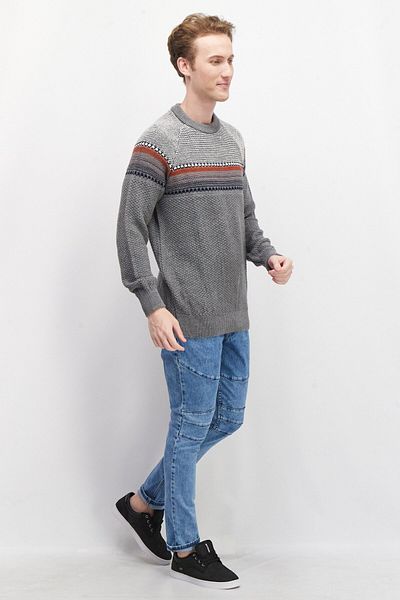 CELIO Men Crew Neck Long Sleeve Knitted Sweaters, Grey Combo