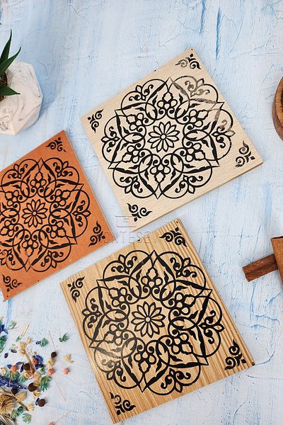 MONTESEV Wooden Patterned Trivet Wooden Pot Pan Teapot Rack Trivet Set Set of 3