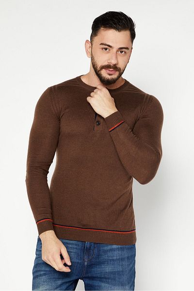 Sorbino Men Crew Neck Long Sleeve Textured Sweatshirt, Brown