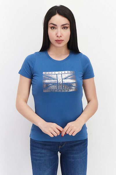 Pepe Jeans Women Crew Neck Short Sleeves Printed T-Shirt, Teal Blue