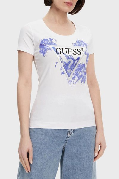Guess Ss Cn Flower Triangle Tee Women's White T-Shirt W5Gi08J1314-G011
