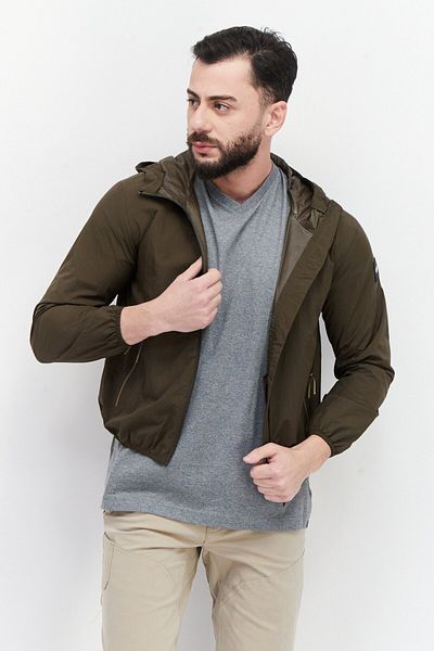 Aigle Men Brand Logo Hood With Drawstrings Windbreaker Jacket, Dark Olive