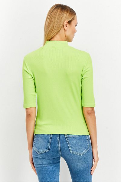 NA-KD Women Turtle Neck Short Sleeve Ribbed Top, Lime Green