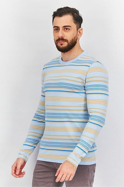 French Connection Men Crew Neck Long Sleeves Stripe Tee, Cerulean