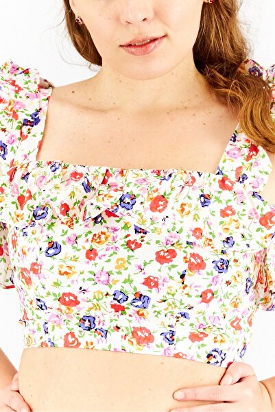 The Kooples Women Square Neck Tie Sleeve Floral Pattern Ruffle Detail Tops, White Combo