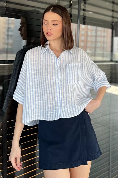 GÜLSELİ Cămașă oversize cu model cu dungi cu un singur buzunar pentru femei albastre