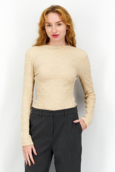 ASTR The Label Women Textured Long Sleeve Bodysuit, Tan