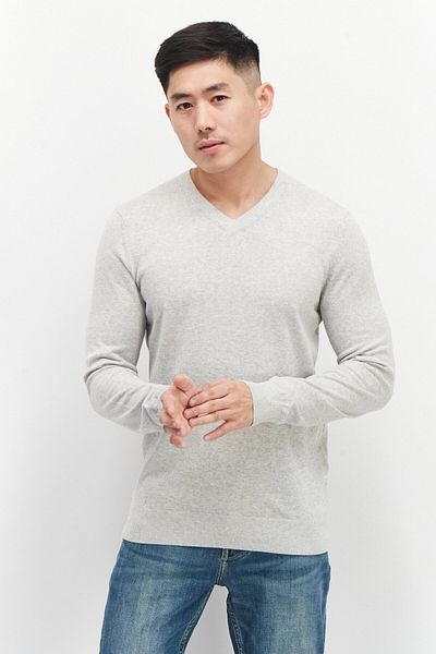 CELIO Men V Neck Long Sleeve Plain Sweater, Light Grey
