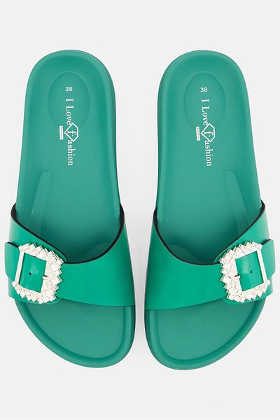 I Love Fashion Women Slip On Rhinestone Flats, Green