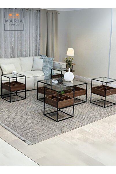 MARIA HOMES Modern Walnut & Black Frame Coffee Table with Glass Top 40x40x55 CM