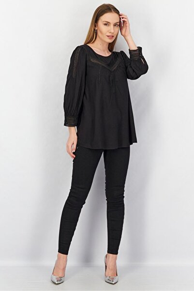 Esprit Women Round Neck Long Sleeve Textured Blouse, Black