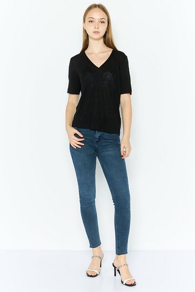 Scotch & Soda Women V-neck Short Sleeve Solid T-shirts, Black