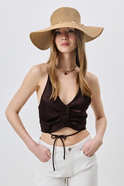 C&City قبعة من القش واسعة مع تفاصيل صدف Y8217 المنك