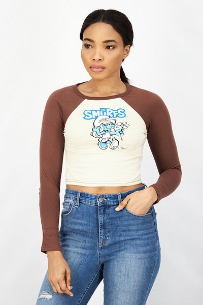 The Smurfs Women Round Neck Long Sleeves Graphic Print Top, Brown