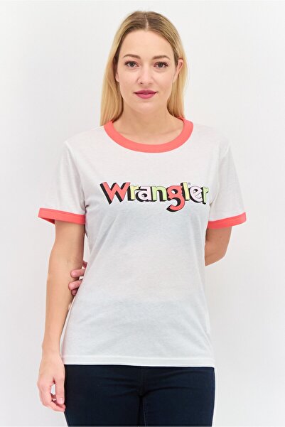 WRANGLER تي شيرت نسائي بأكمام قصيرة ورقبة دائرية وشعار العلامة التجارية، أبيض