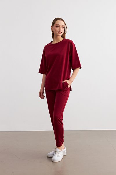 MODAGEN Women's Burgundy Crew Neck Double Sleeve and Leg Bottom Top Set