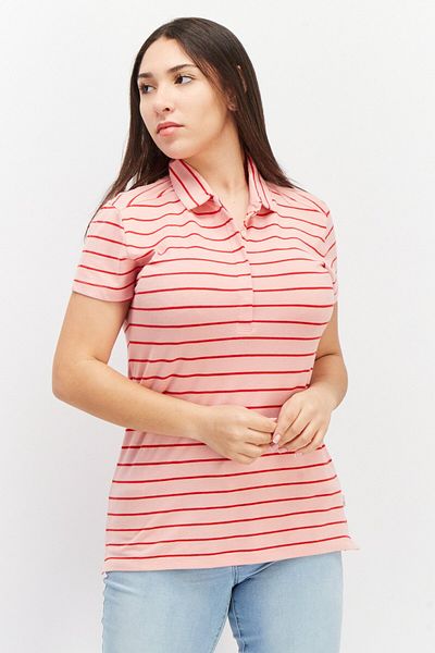 Timberland Women Spread Collar Short Sleeves Stripe Print Polo Shirt, Pink