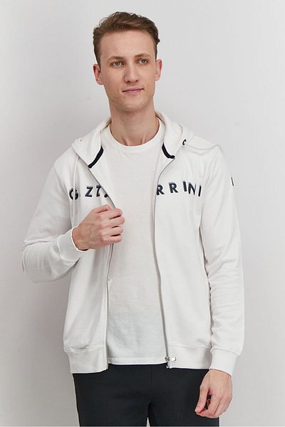 GAZZARRİNİ Men Long Sleeve Full Zip Brand Logo Sweatshirt, White