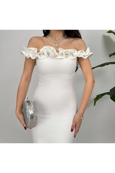 GİZONLY White Ruffled Boat Neck Long Evening Dress