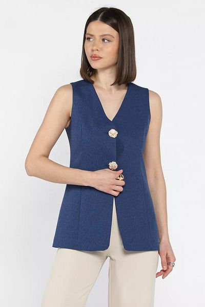 GÜLSELİ Navy Blue Lined Button Detailed Women's Vest