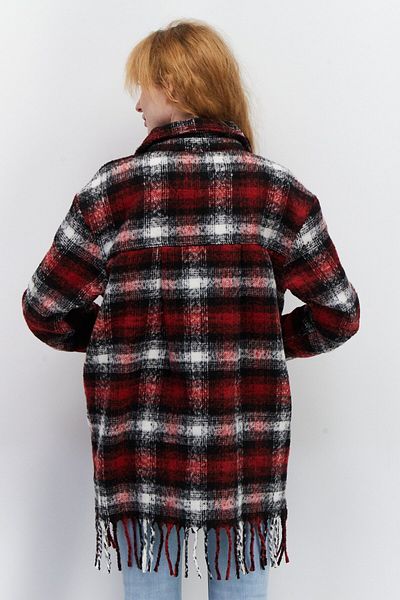 Cropp Women Plaid Fringe Jacket Shirt, Red Combo