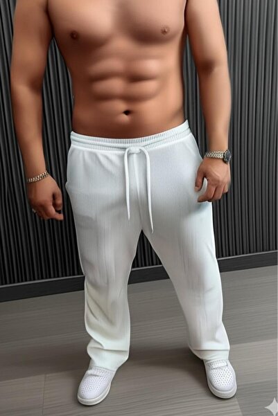 NO 601 Men's Ecru Striped Comfortable Stretch Fabric Wide Leg Trousers Tracksuit