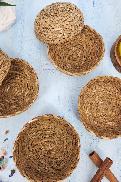 MONTESEV 6 Adet Hasır Çerezlik Doğal Çerezlik Yuvarlak Sunum Kase ( Doğal Hasır )